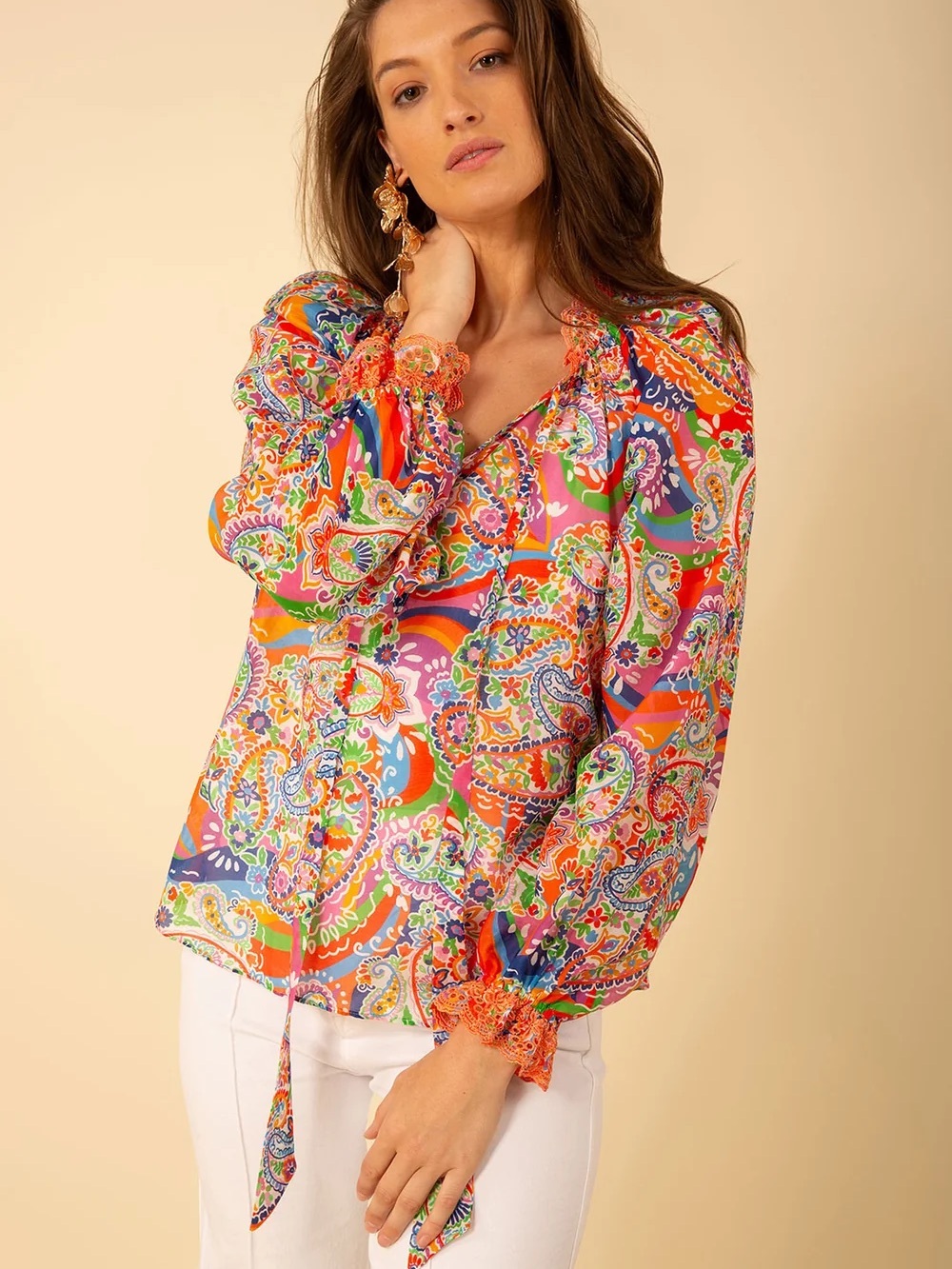 Hale Bob Hallie Top Vibrant Paisley Print Long-Sleeve Blouse Multicolor Size XL